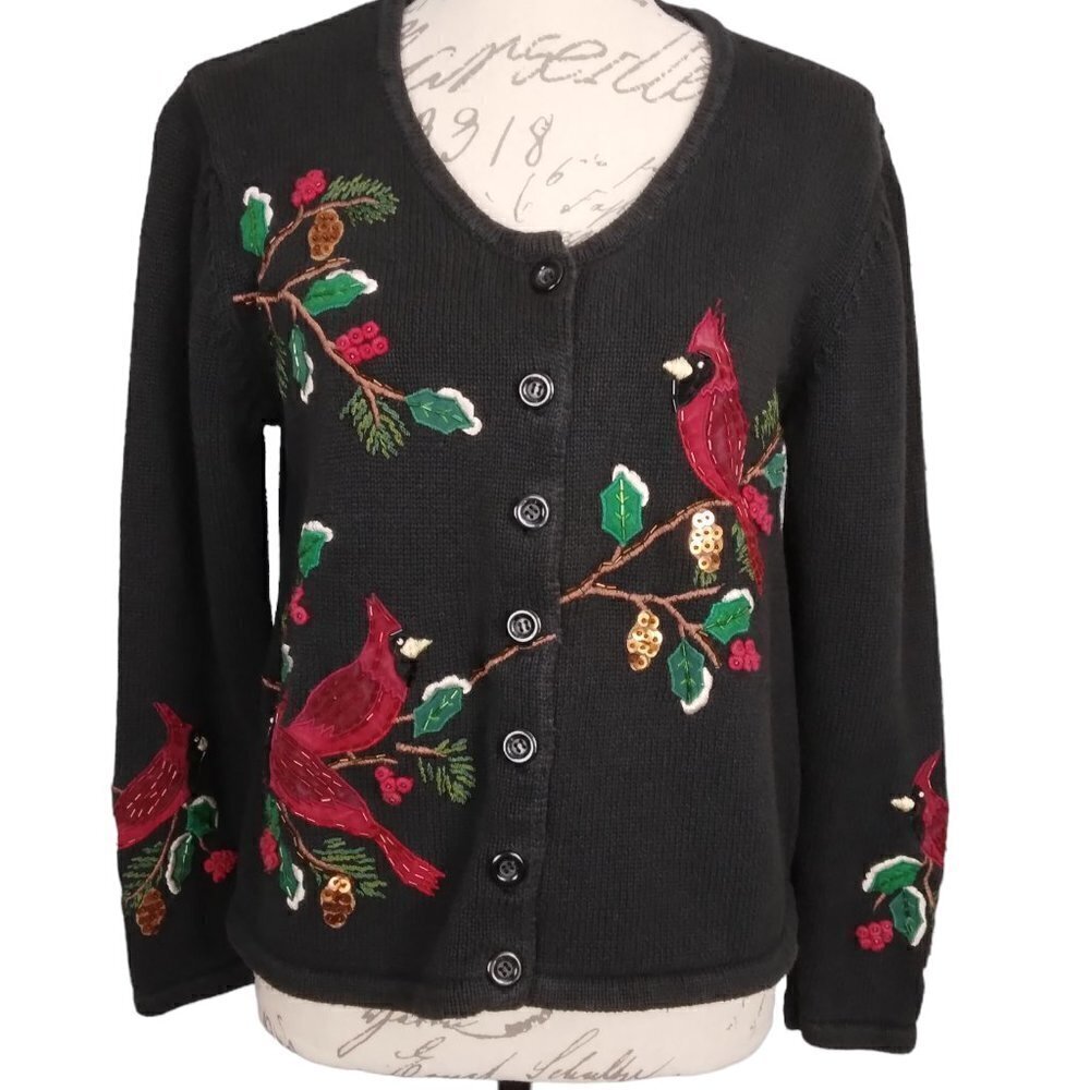 VINTAGE 1990's Cardinal Beaded Ugly Christmas Holiday Cardigan Sweater | Size M